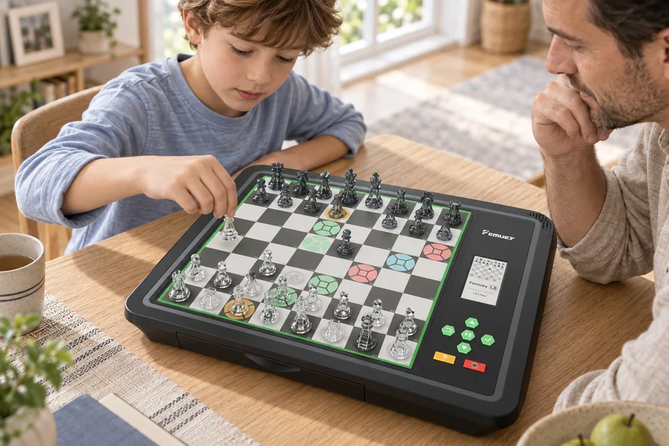 家人围坐在 L6 Pro 智能棋盘前,棋盘灯光提示下一步走法