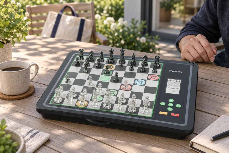 在露台上收纳 L6 Pro 棋子,准备带走